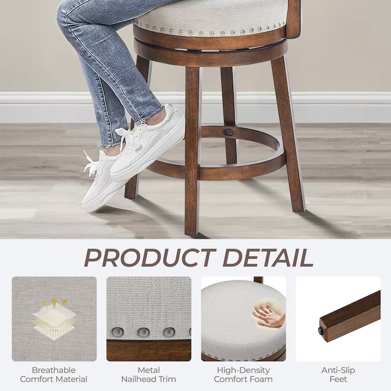 Modern Velvet Swivel Bar Stool - 25" or 30" Counter Height with Adjustable Footrest & Walnut Base, for Kitchen Islands