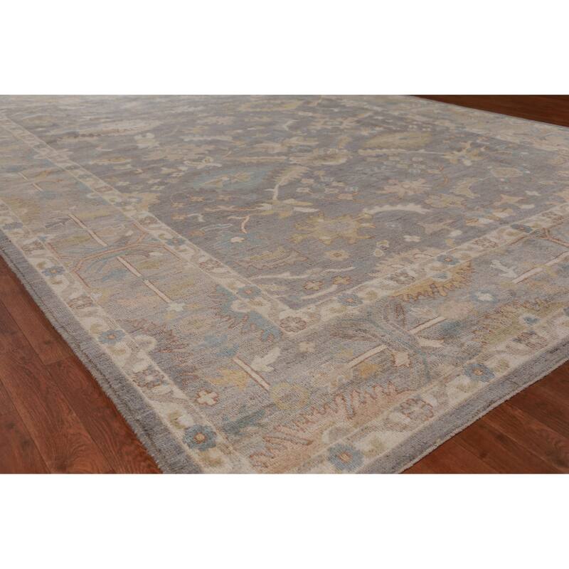 Hand Knotted Oriental 100% Wool Carpet Transitional All-Over Greys & Charcoal Oushak Area Rug - 12' 0'' X 9' 1''