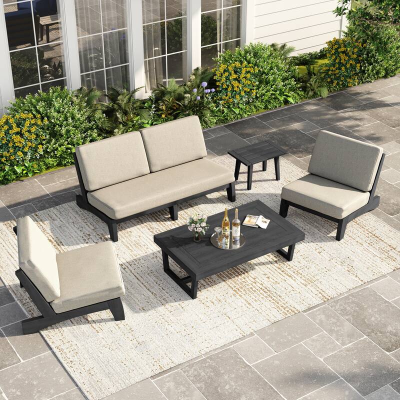 Casual Teak Wood 5-Piece Outdoor Patio Conversation Set - Dark Wood - Navy