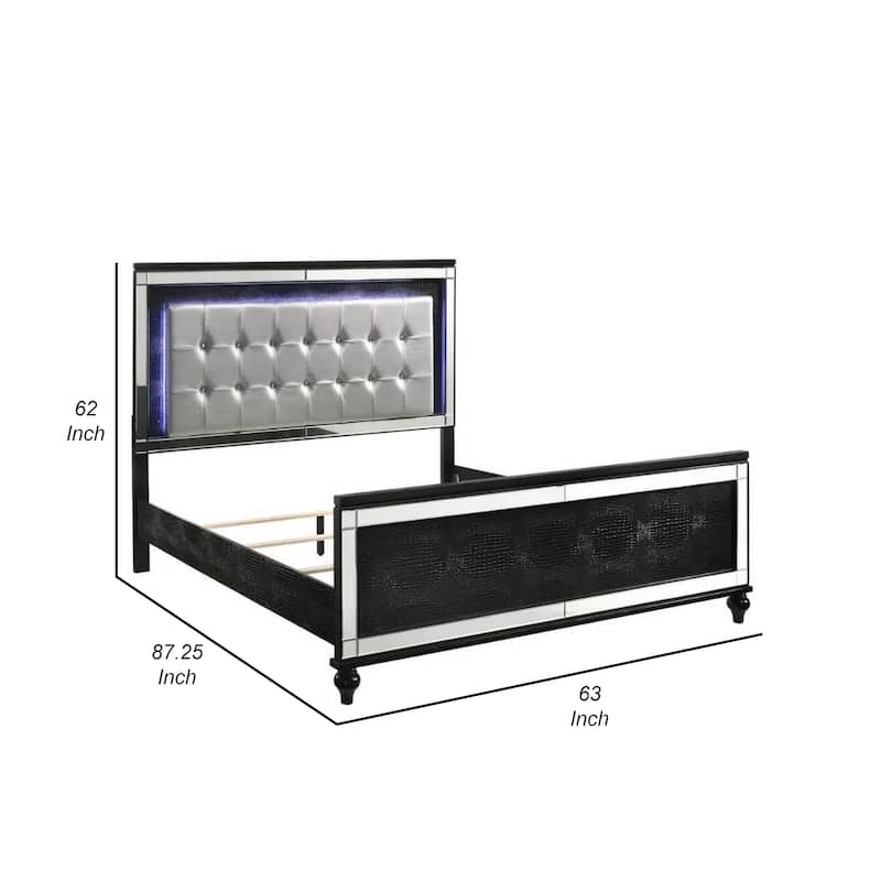 Lee Queen Size Bed, LED, Tufted Faux Leather Upholstery, Textured Black