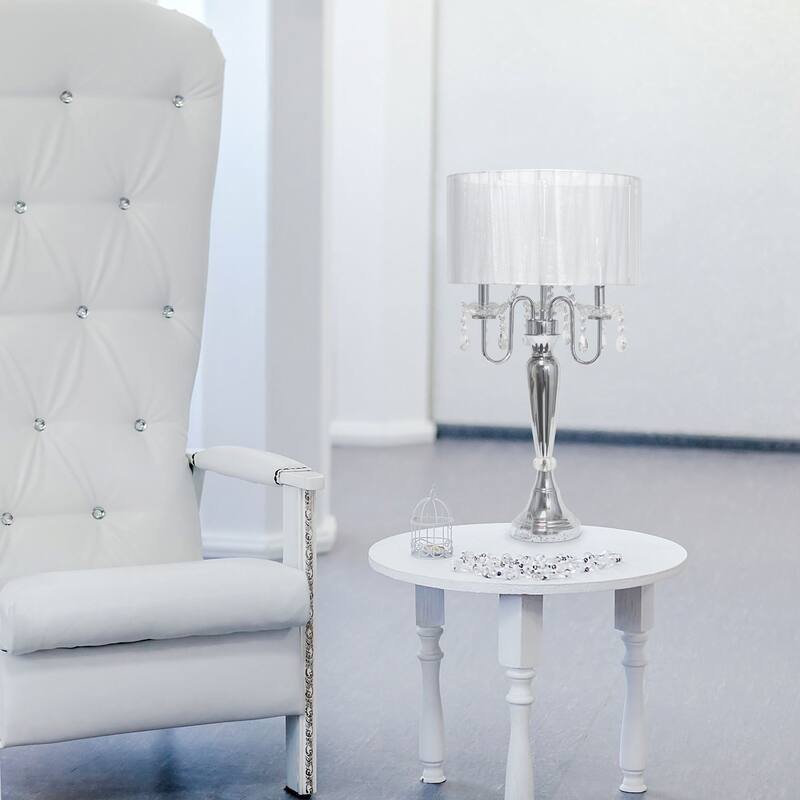 Chrome Cascading Crystal Table Lamp with Round Shade - 31" - White