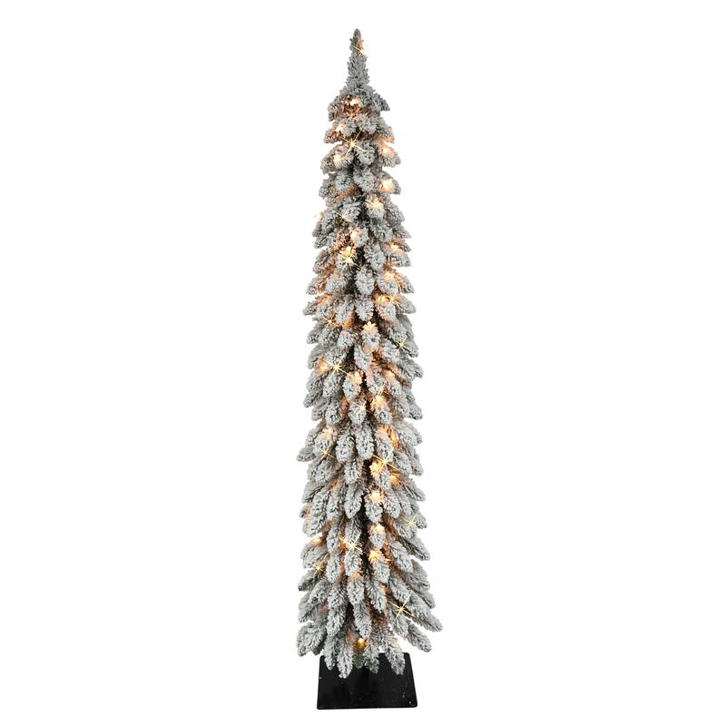Puleo International 6' Pre-Lit Flocked Alpine Pencil Artificial Christmas Tree - 6