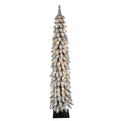 Puleo International 6' Pre-Lit Flocked Alpine Pencil Artificial Christmas Tree - 6