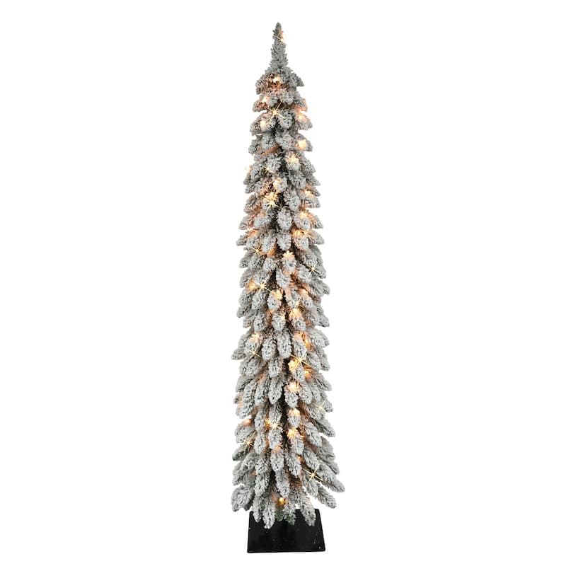 Puleo International 6' Pre-Lit Flocked Alpine Pencil Artificial Christmas Tree - 6