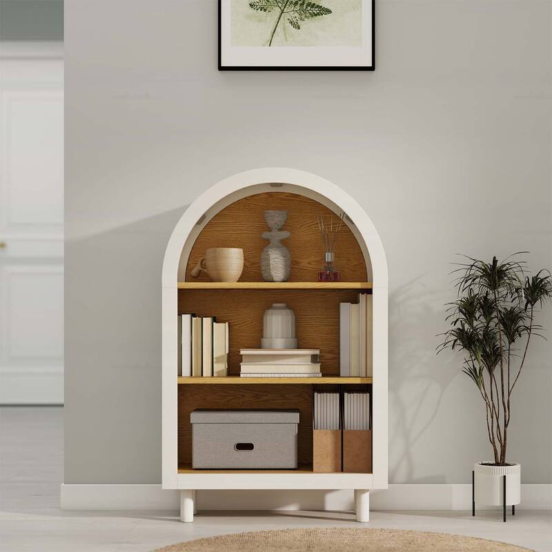 Wooden Modern Arched Top Bookshelf with 3 Shelves - Oak+White