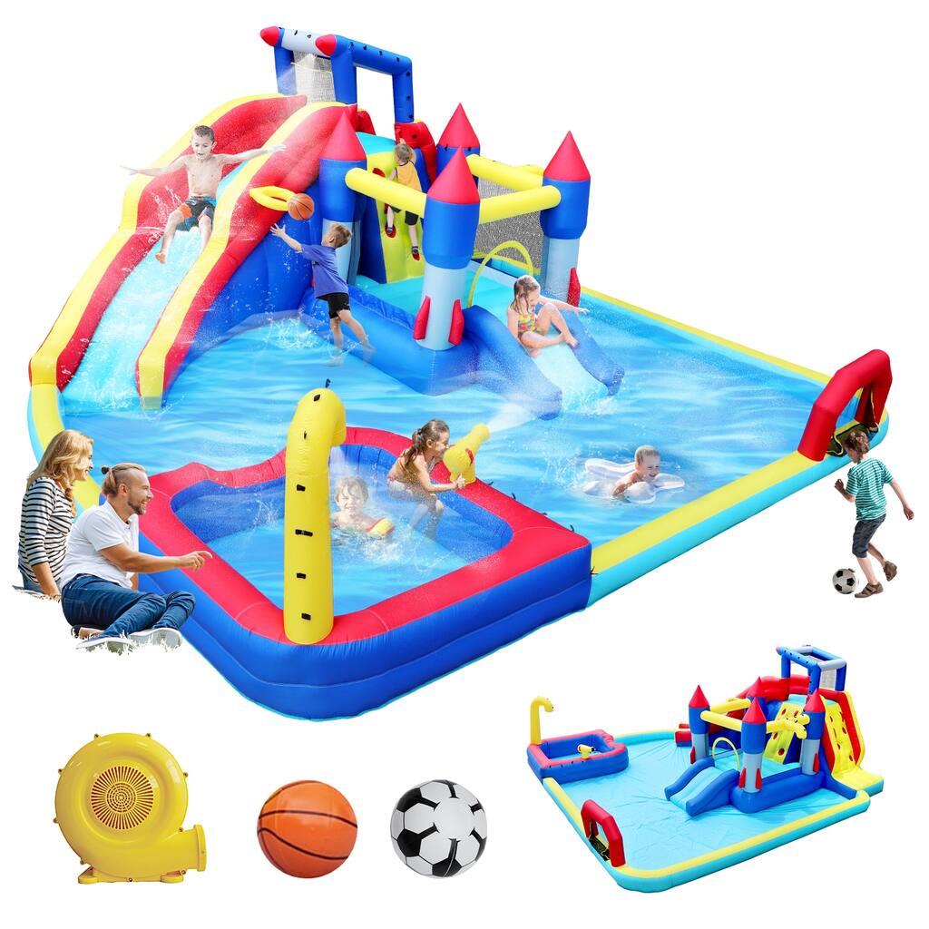10 in1 Inflatable slide water park bouncing house garden with splash pool & water gun & basketball & climbing wall - Multicolor