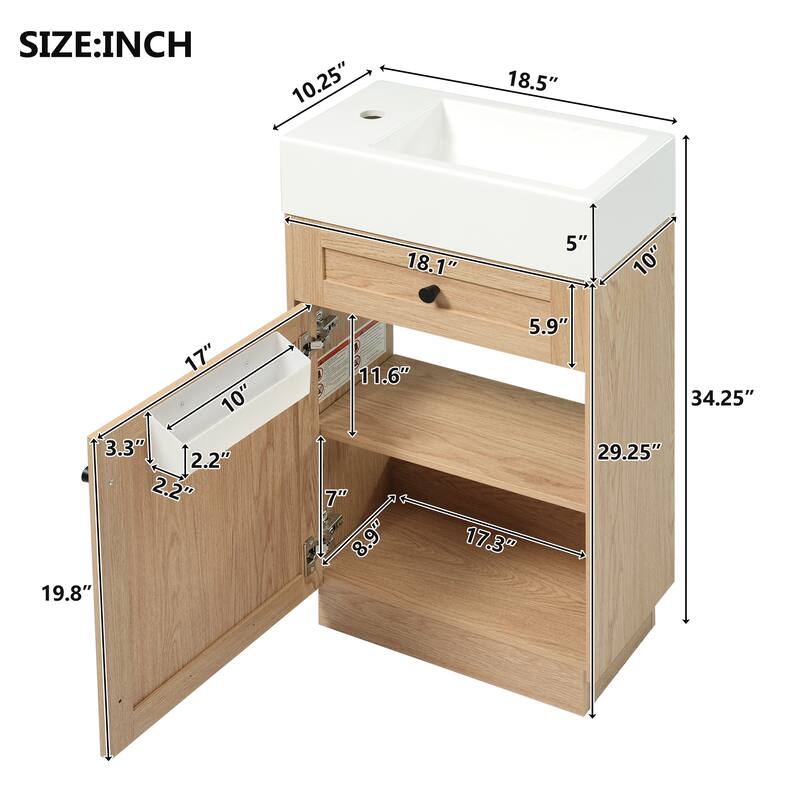 18.5" Bathroom Vanity with Resin Sink, MDF Cabinet, Adjustable Shelf, Reversible Door, Rustic Style for Small Spaces
