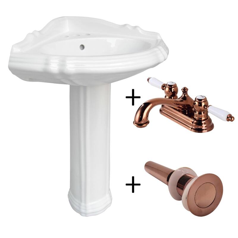 Sheffield White Ceramic Corner Pedestal Sink with Rose Gold 4" Centerset Faucet, Drain and Overflow