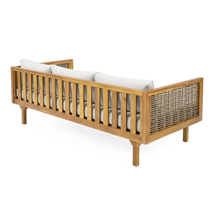 Acacia Wood Daybed with Rattan Arms Slat Paneling and Water Resistant Cushions