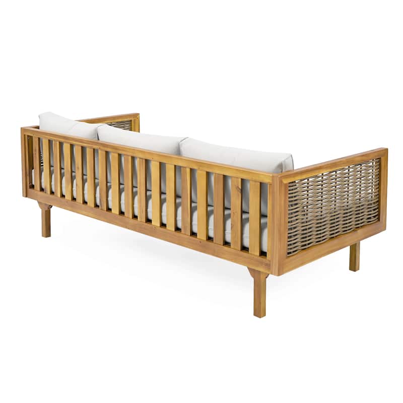 Roomfitters 3 Seater Wooden Patio Sofa, Wicker Panel Design, Modern Daybed with Weather-Resistant Cushions