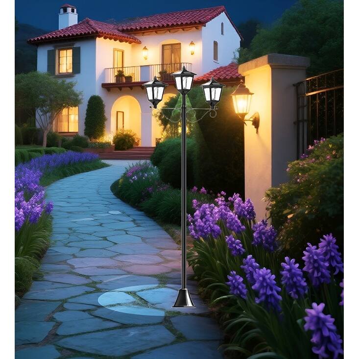 72" Solar Lamp Post Light Triple Head LED Dusk to Dawn for Driveway, Garden, Patio - Black