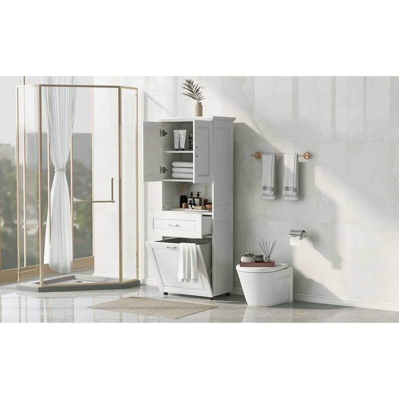 Tall Bathroom Linen Tower with Cabinet, Drawer and Hamper