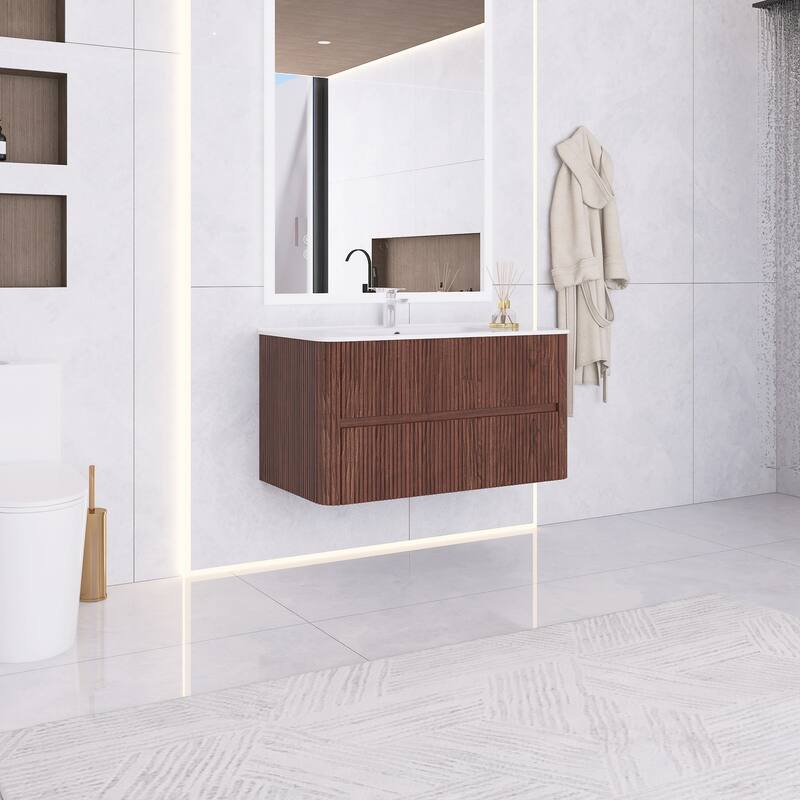 Wall-Mounted Bathroom Vanity in Walnut with Integrated White Ceramic Sink