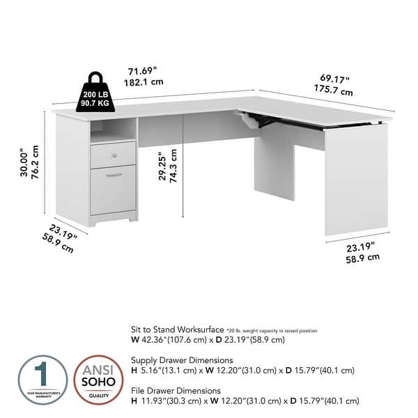 dimension image slide 5 of 6, 72W 3-position L-shaped Sit to Stand Desk by Bush Furniture