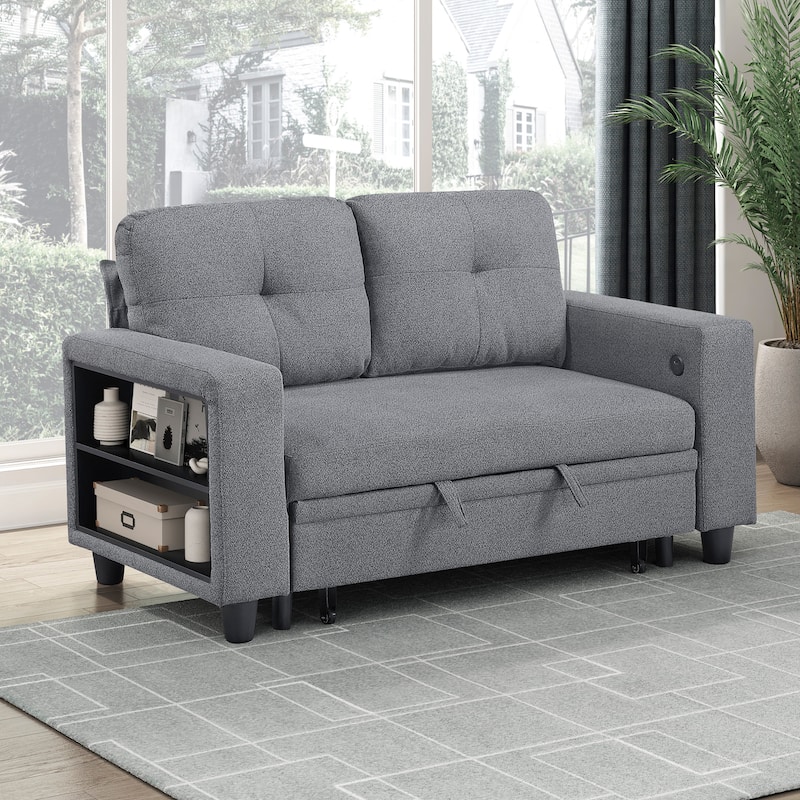 Hazel 56.5" Boucle 2-Seater Loveseat - Pull-out Bed, Shelves, USB Port