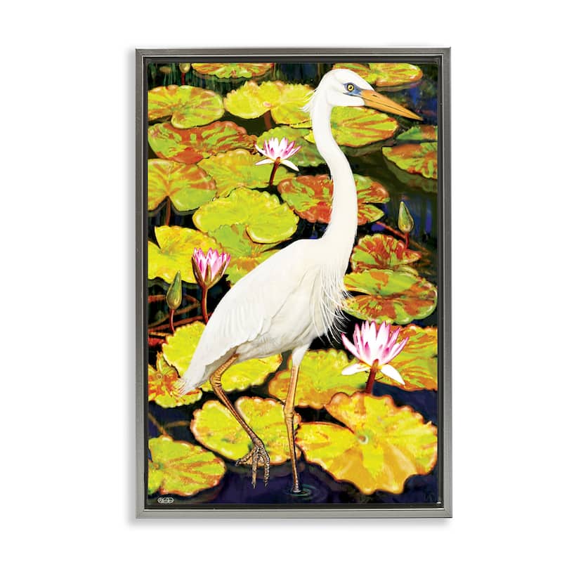 Stupell Stepping Bird on Lily Pads Framed Floater Canvas Wall Art Design By Rosiland Solomon - 21 x 31 - Grey