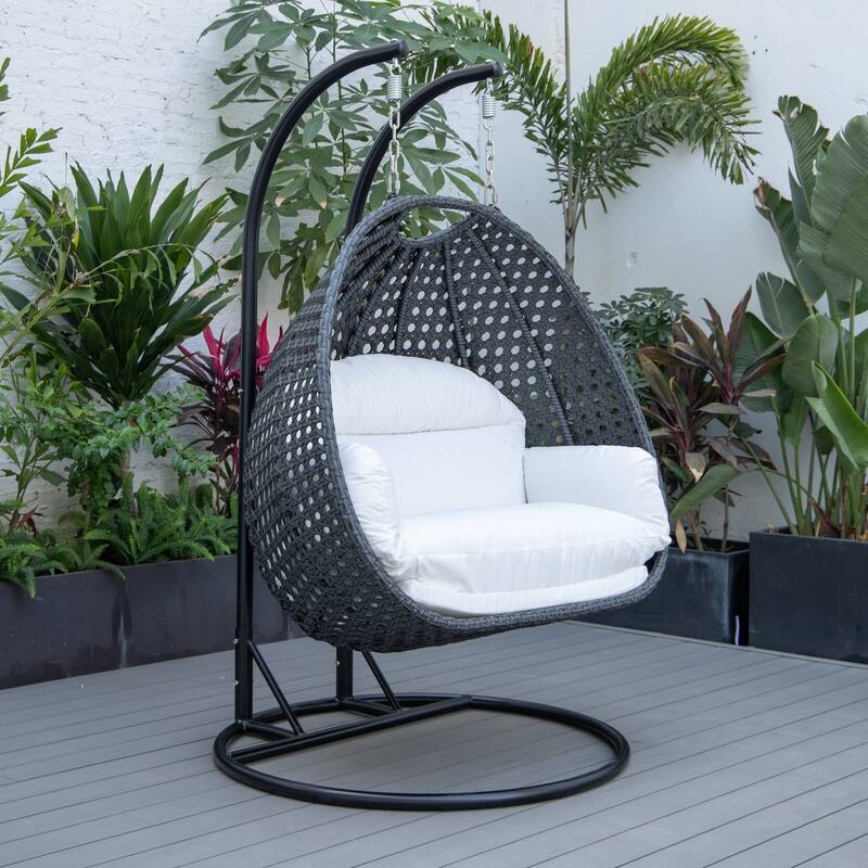 Patio 2-Person Hanging Egg Swing Chair Charcoal Wicker and Iron Frame Breathable Removable Cushion Covers by LeisureMod