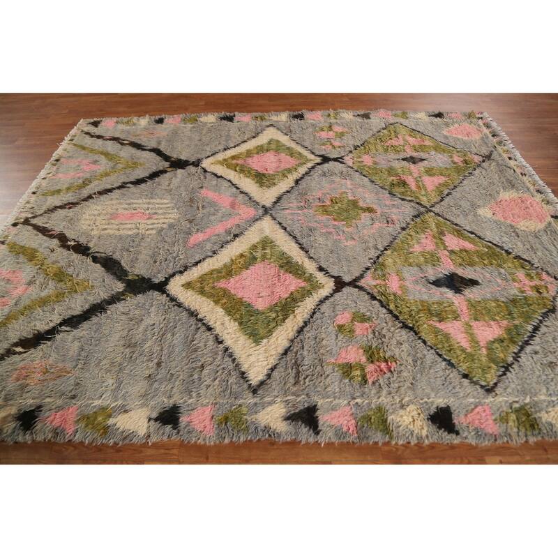 Hand Knotted Oriental 100% Wool Carpet Modern Tribal Greys & Charcoal Moroccan Area Rug - 8' 10'' X 6' 10''