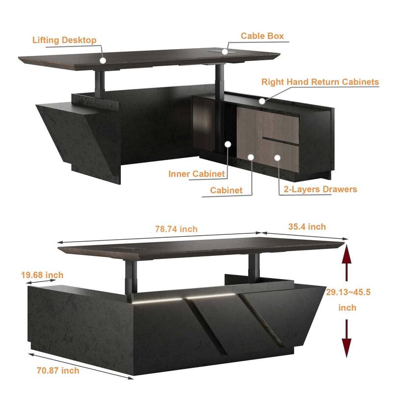 Adjustable Executive CEO Office L Shaped Desk with Drawer File Cabinets and LED Light