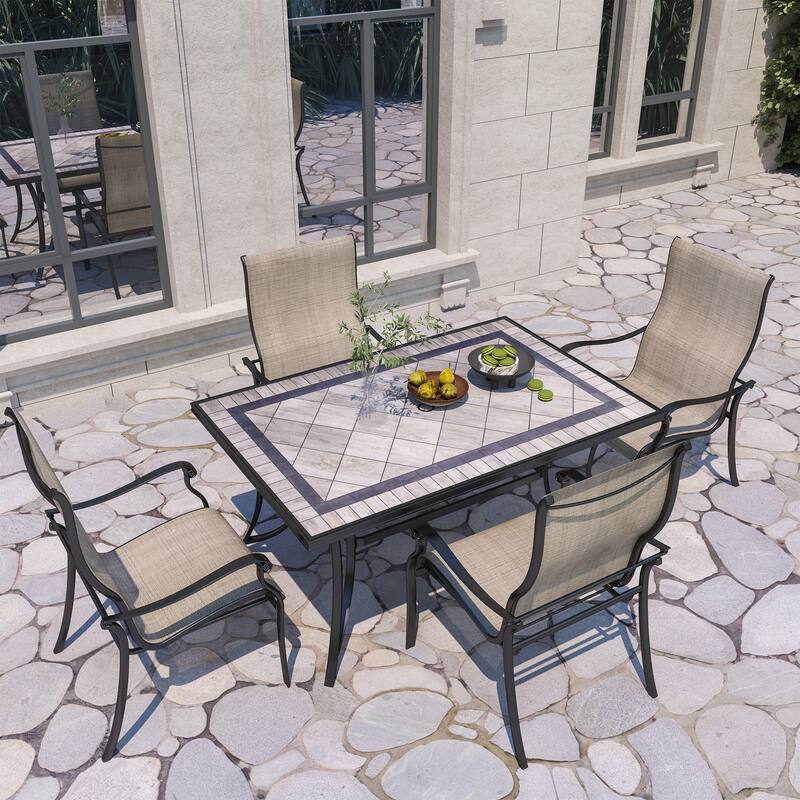 Cast Aluminum 5-Piece Outdoor Patio Dining Set with Ceramic Tile Top Table and Chairs