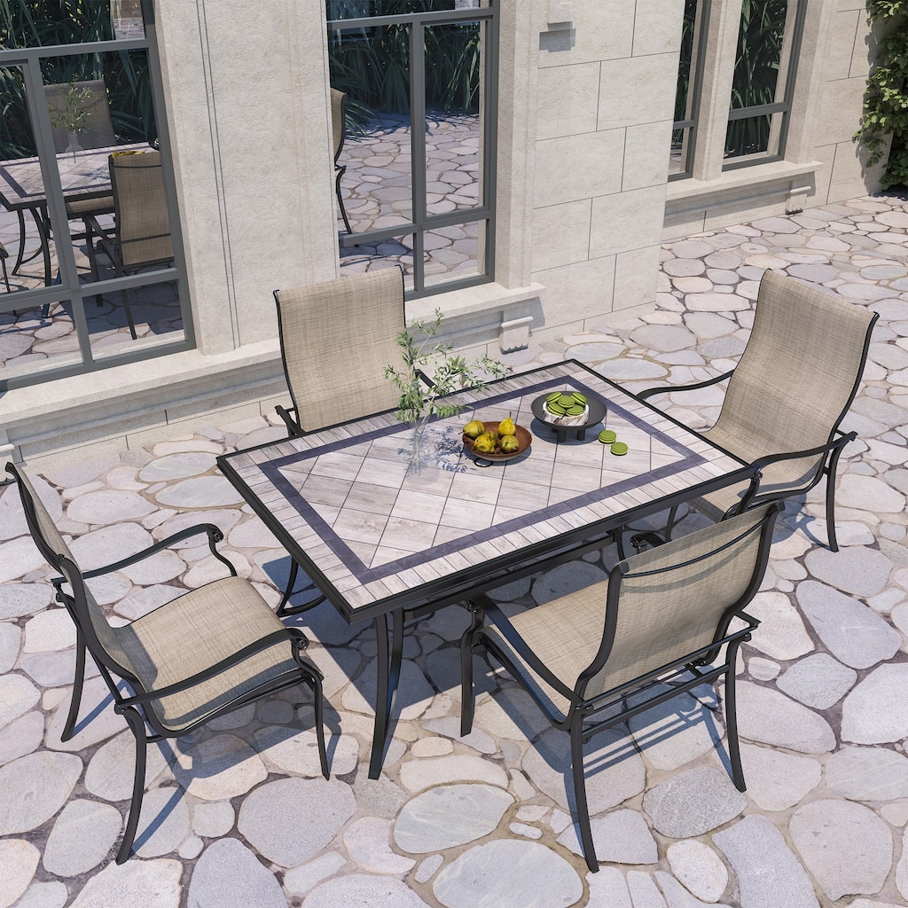 Cast Aluminum 5-Piece Outdoor Patio Dining Set with Ceramic Tile Top Table and Chairs