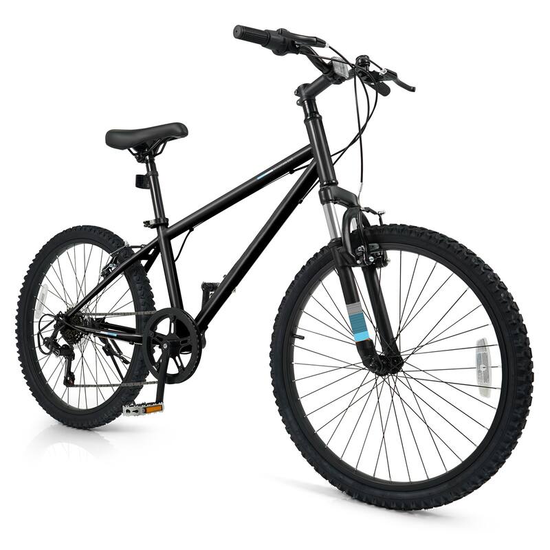Metal Plastic Kids Mountain Bike with 6-Speed Shimano and Front Suspension - 24 Inch - Black