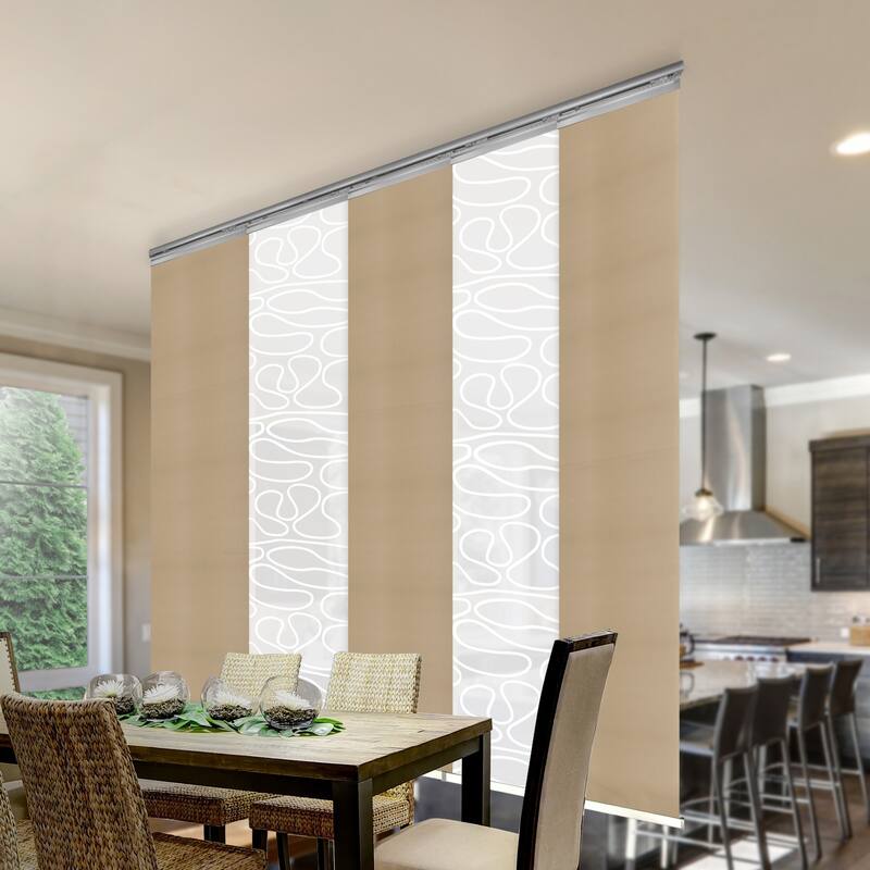 InStyleDesign 5-Panel Single Rail Panel Track Extendable 58"-110"W x 94"H, Panel width 23.5", Swhirly White, Parchment - Satin Nickel Track