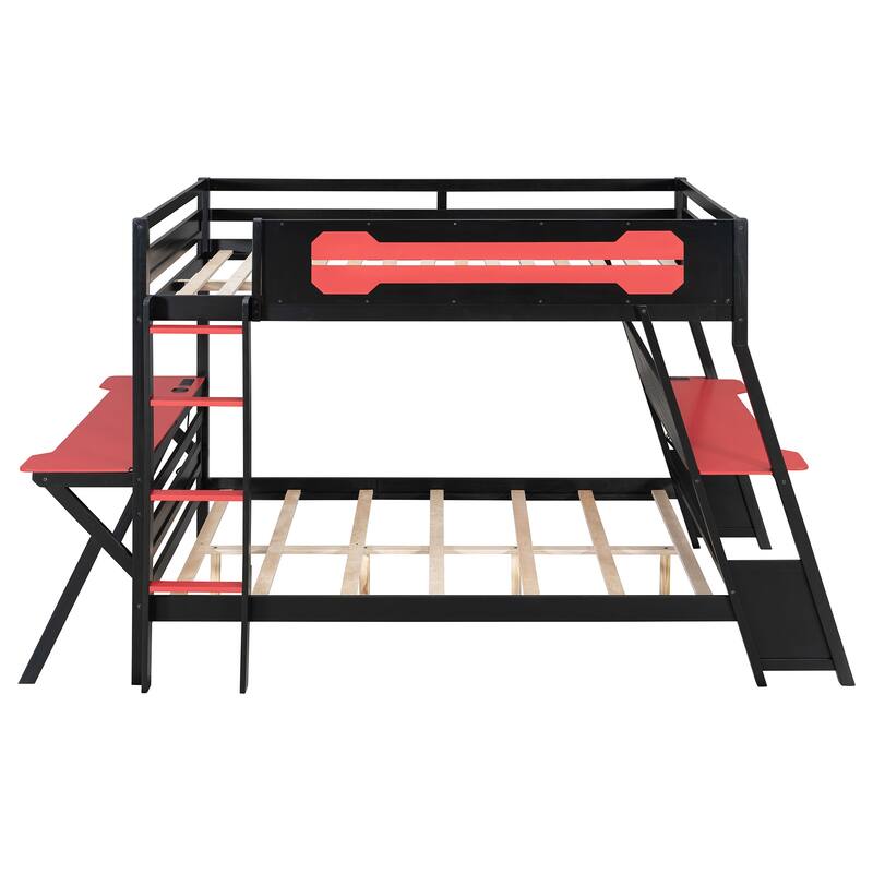 Gaming Bunk Bed Two Built-In Gaming Desks Each Side Loft Bed with USB Desktop Ports and Pegboard Organizer for Gaming Room Gamer