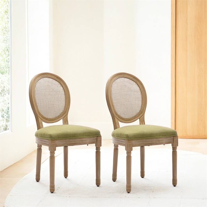 Solid Wood Frame Antique Painting Rattan Back Dining Chair,Set of 2