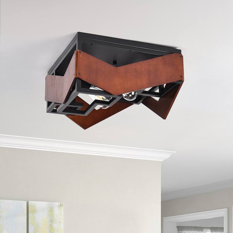 2 - Light Geometric Flush Mount Ceiling Light, Wood & Metal Design - Matte Black - N/A