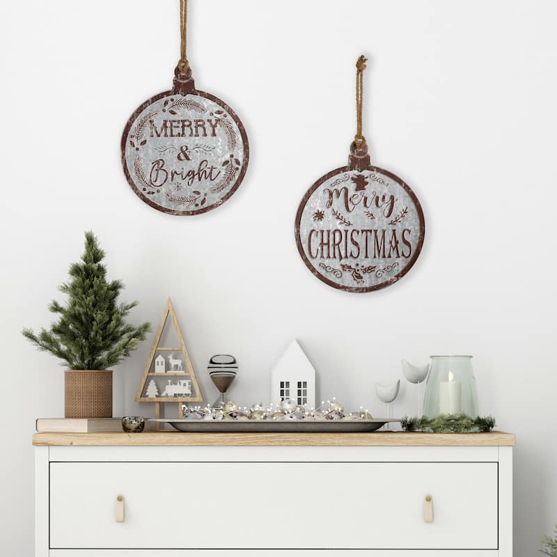 Merry Christmas and Merry and Bright Wall Signs - 14" - Gray and Brown - Set of 2