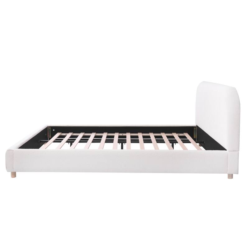 Teddy Fleece Thick Fabric Upholstered Platform Bed with Curved Shaped Headboard , Wood Bed Frame with Solid Round Legs