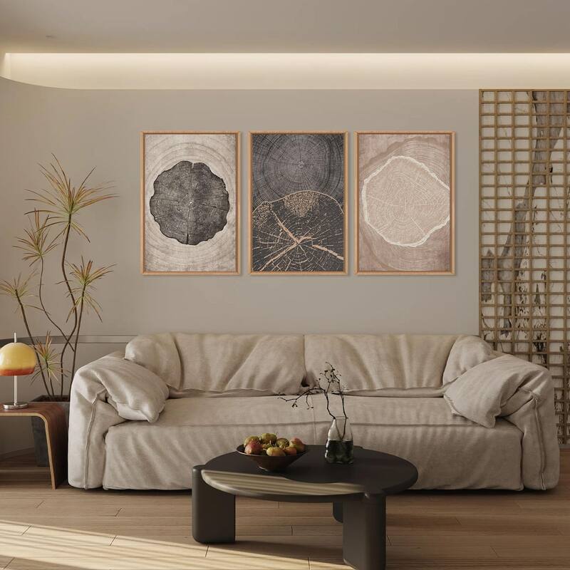 Neutral Brown Tree Rings Framed Canvas Wall Art Set