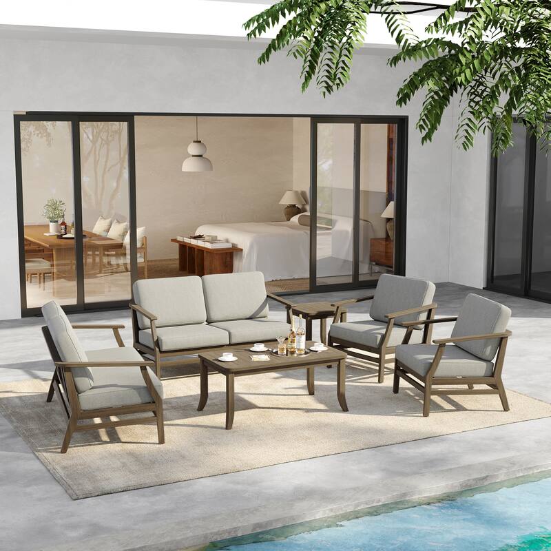 6-Seat Outdoor Teak Wood Patio Conversation Set with Cushions Tables