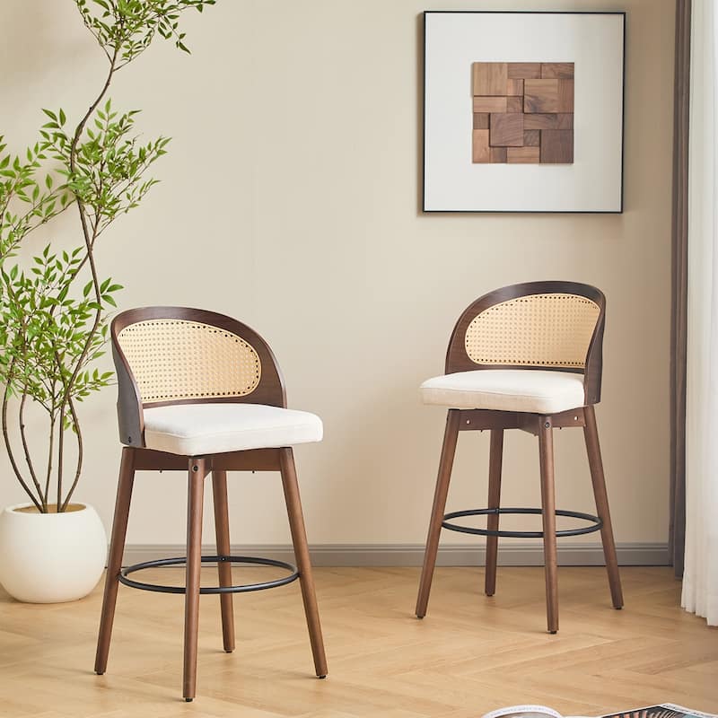 Rattan Fabric Wood Barstool - Beige
