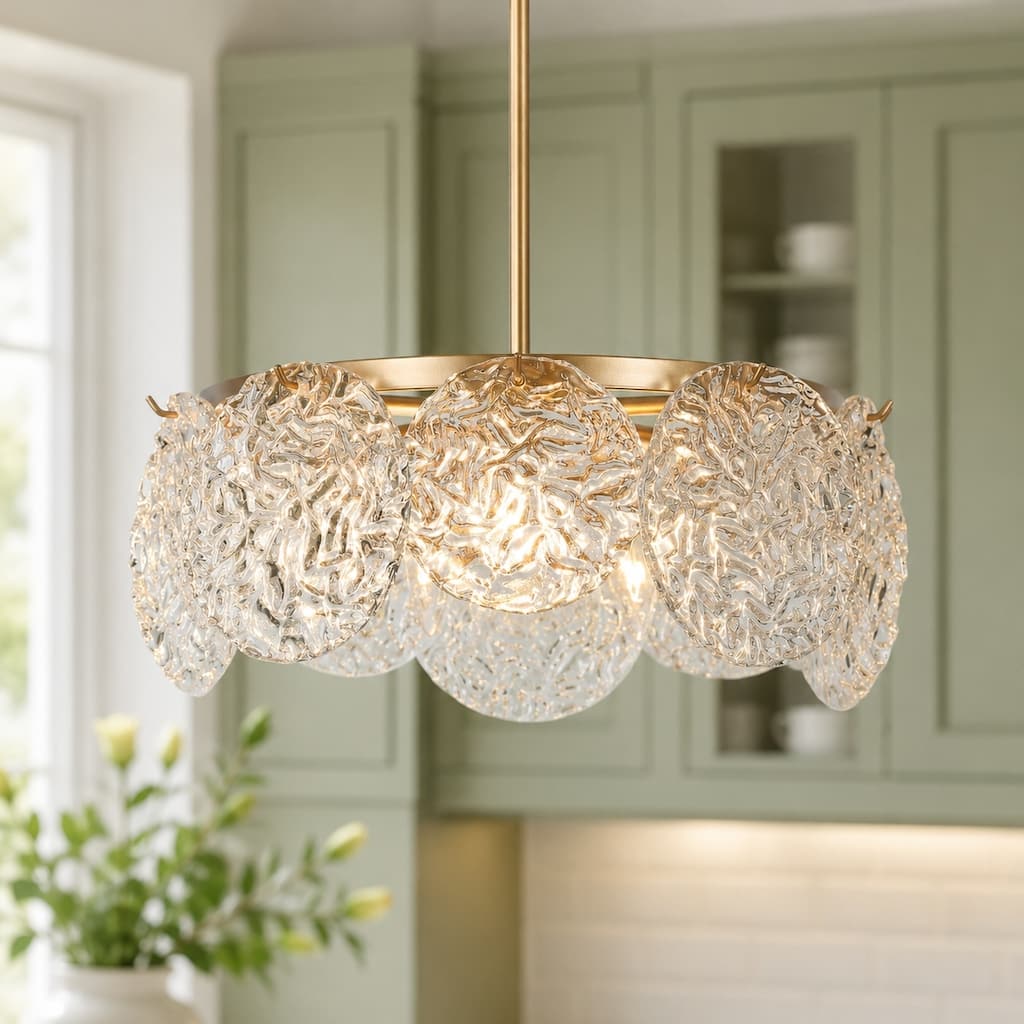 Modern Gold 5-Light Drum Chandelier Art Glass Pendant Lights for Dining Room - 18" D x 8" H