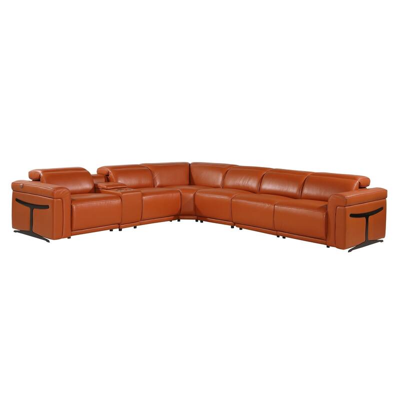 HomeRoots Camel Italian Leather Modular L Shaped Seven Piece Corner Sectional With Console