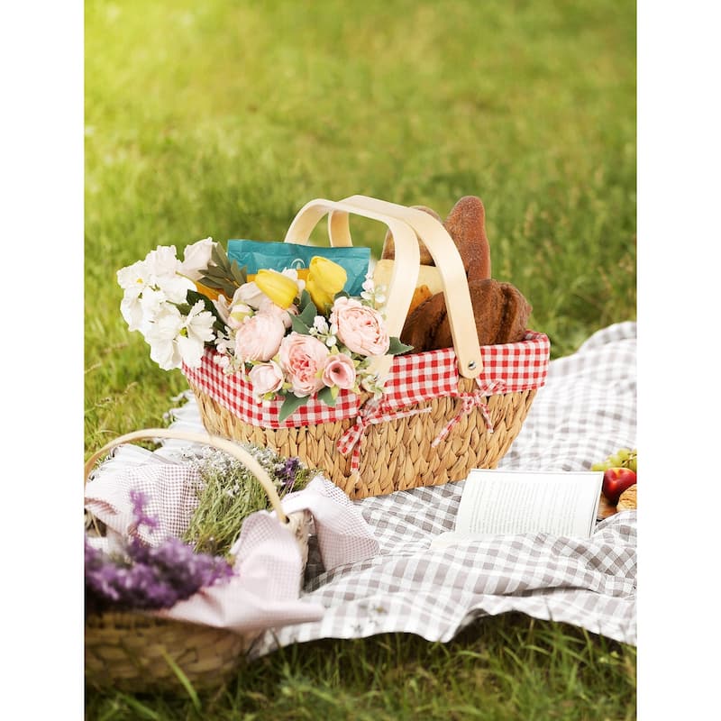 Wicker Basket with Wood Handle, Water Hyacinth Basket for Easter, Gift, Picnic - 15"D x 9.75"W x 7"H