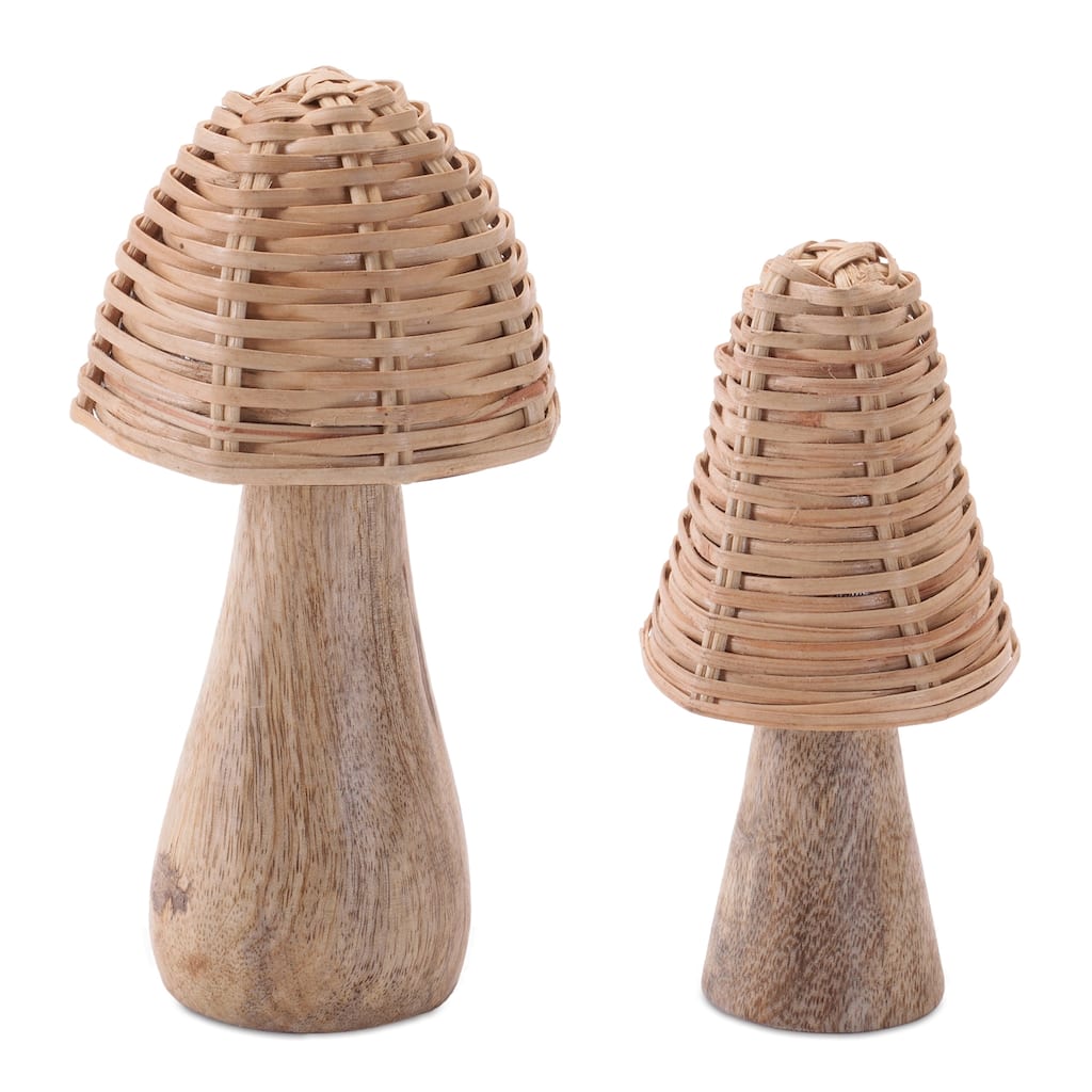 Natural Wood & Rattan Mushroom Décor (Set of 2)