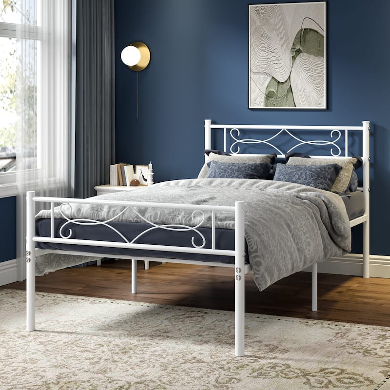 VECELO Metal Bed Frame with Headboard and Footboard No Box Spring Needed 12in Underbed Storage with Decorative Headboard