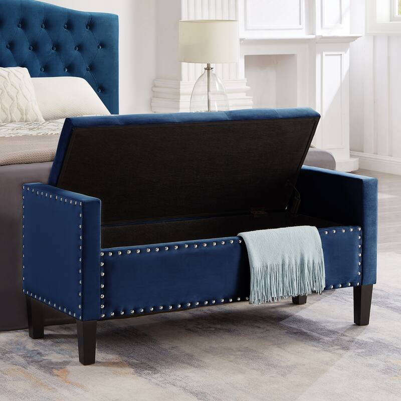 Navy Blue Velvet Upholstered Storage Bench with Nail Trim, Armrests - Entryway Seat