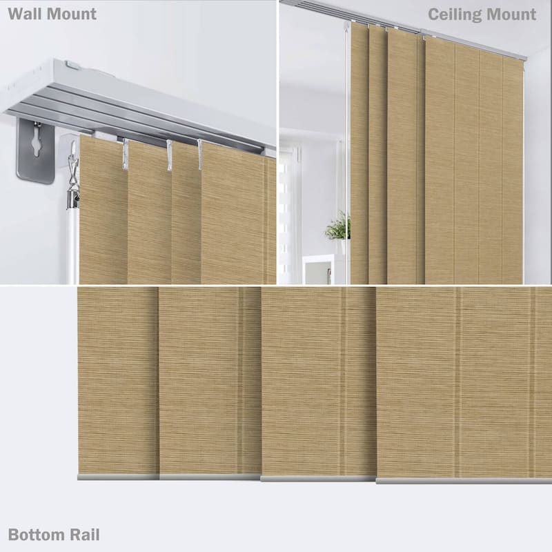 GoDear Design Natural Woven Adjustable Sliding Panel Track Blinds, Vertical Blinds, Earth Tone Color, 45.8"- 86" W x 96" L
