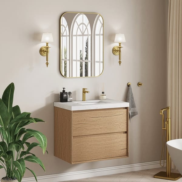 slide 2 of 24, Sylphar 30 inch Bathroom Vanity with Sink, Floating Oak Cabinet with Stone Top