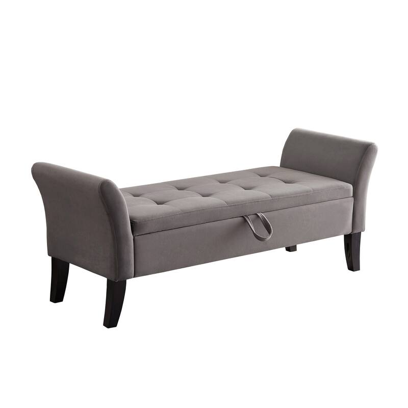 Ottoman Bench Leisure Bench with Solid Wood Legs and Armrests, Upholstered Flip End of Bed Bench with Safety Hinges