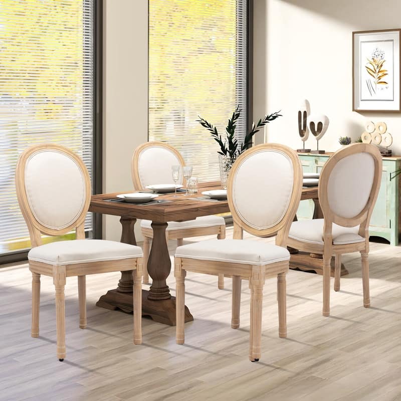 French Dining Chair with Nailhead Trim Set of 4 - Beige Fabric Solid