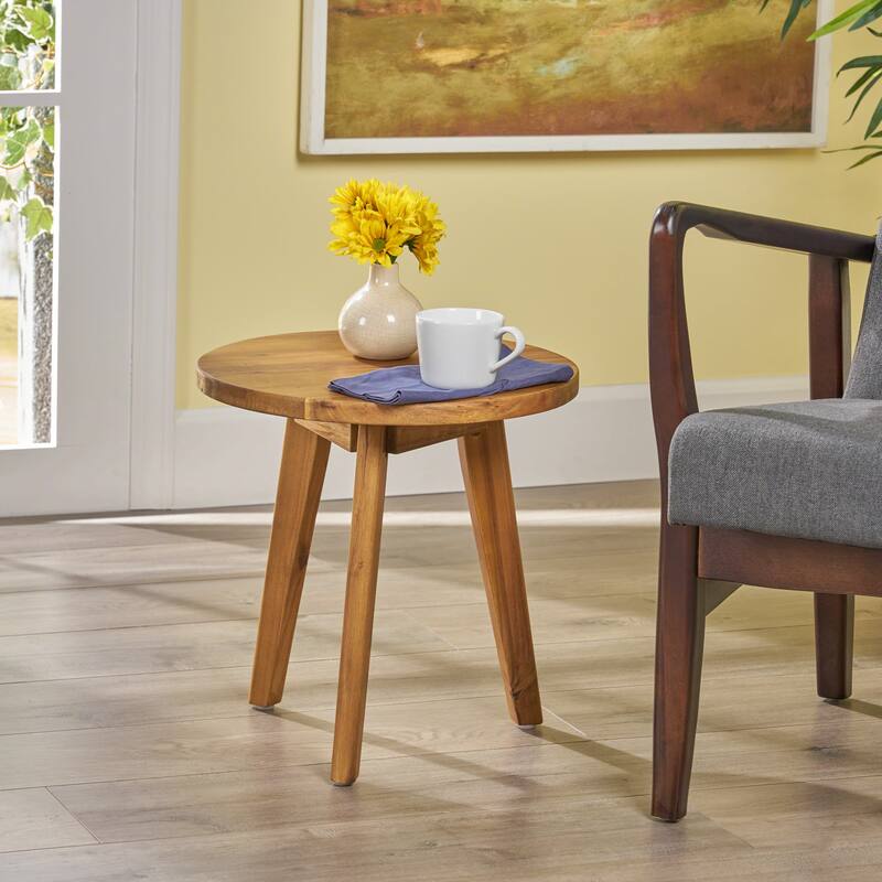 Modern Acacia Wood Side Table with Round Top and Triangular Base - Natural