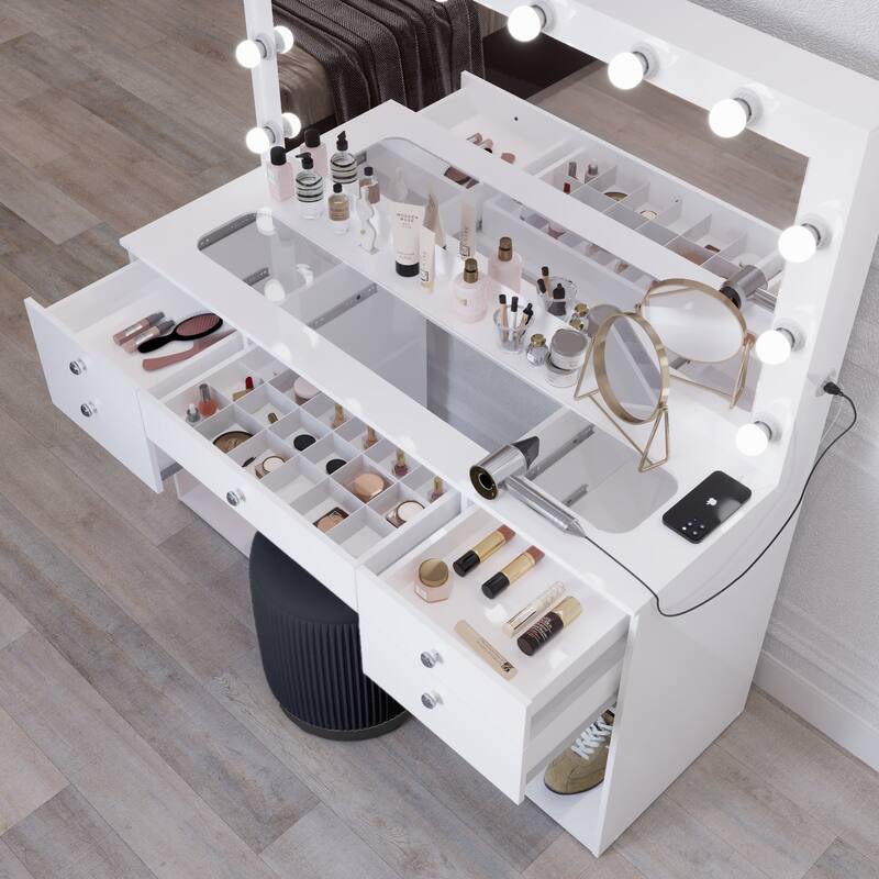 Makeup Vanity Desk w/ Free Black Storage Stool, LED Mirror, 5 Drawers, extra Storage, USB, Power Outlet