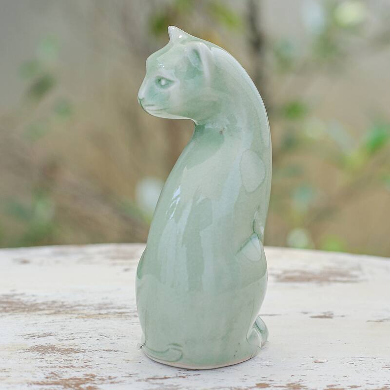 Novica Handmade Beautiful Cat Celadon Ceramic Figurine