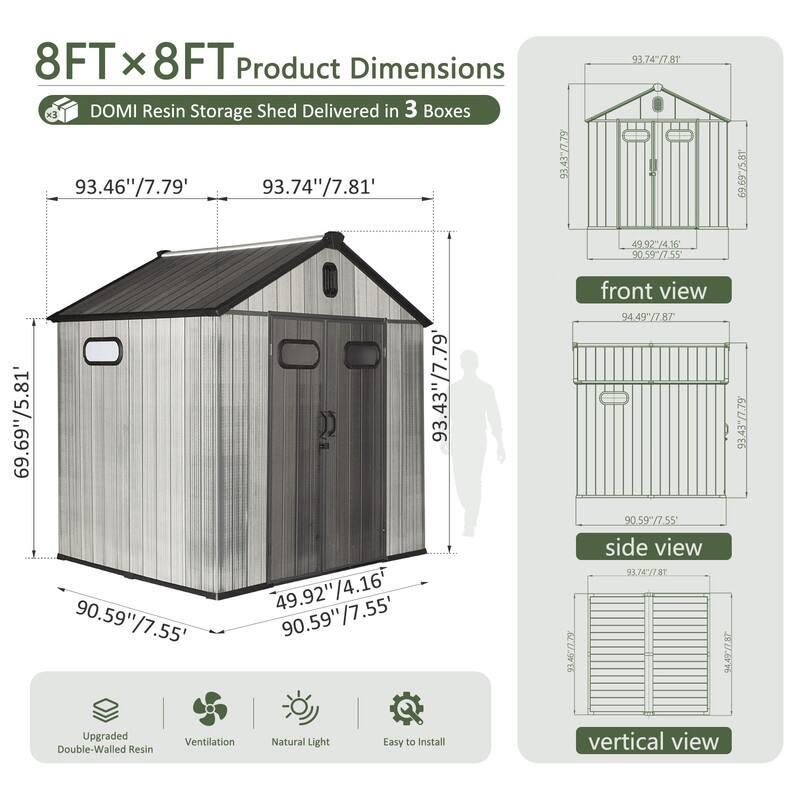 Domi Outdoor Resin Storage Shed, Waterproof Plastic Garden Shed with Lockable Door, Windows & Vents, Outside Tool Storage Shed