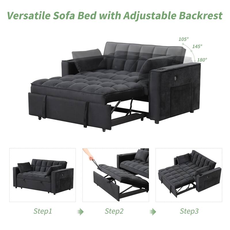 58" 4-1 Multi-functional Sofa Bed with Cup Holder and USB Port for Living Room or Apartments Milky White